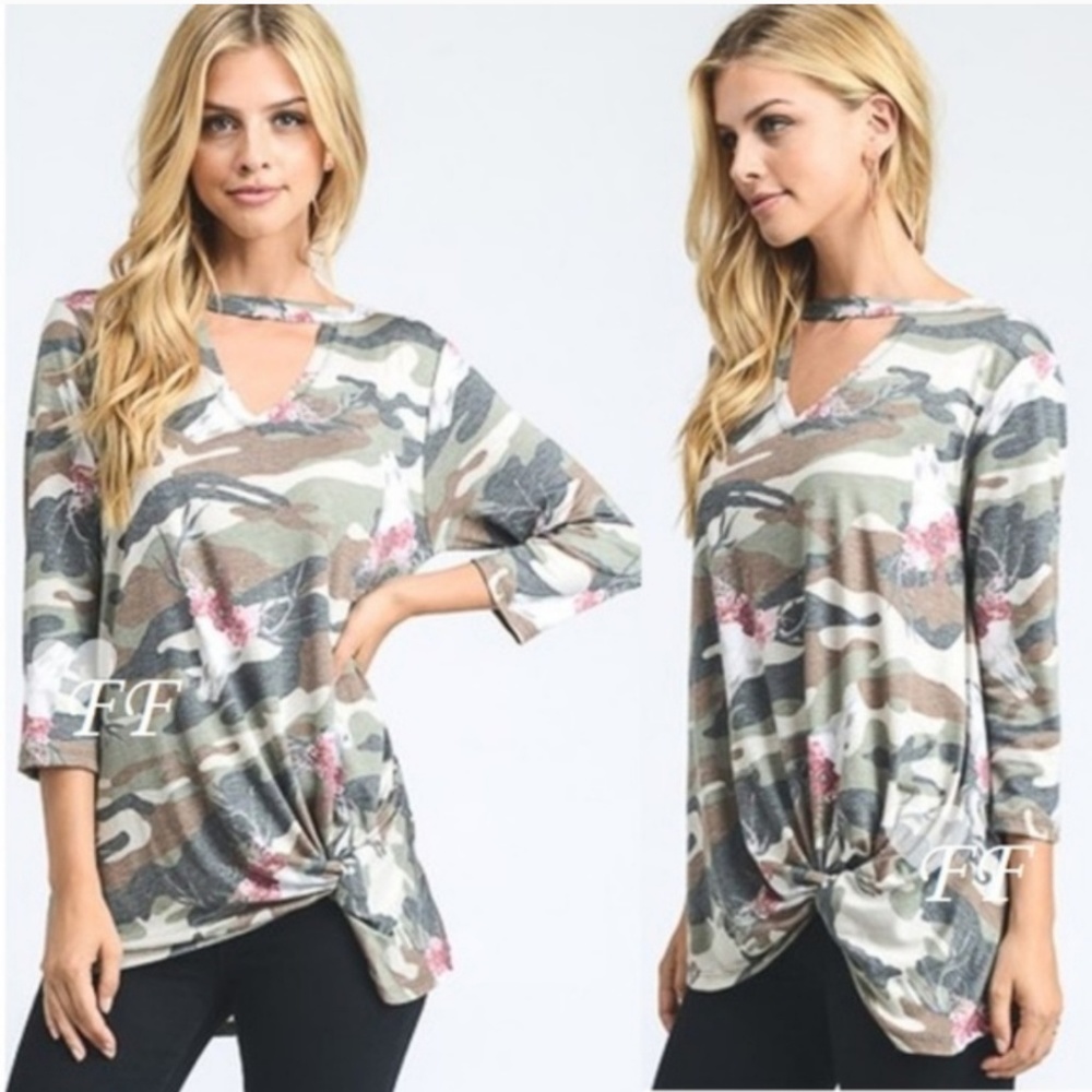 Camo blouse with knotted bottom